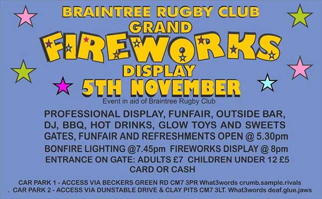 Braintree Rugby Club Grand Fireworks Display 2025