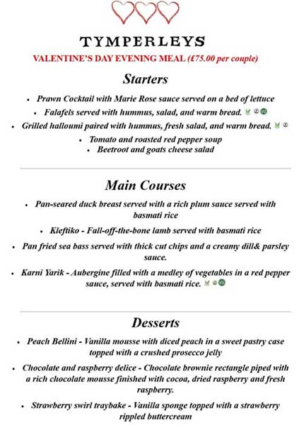 Valentine's Day Evening Meal at Tymperleys